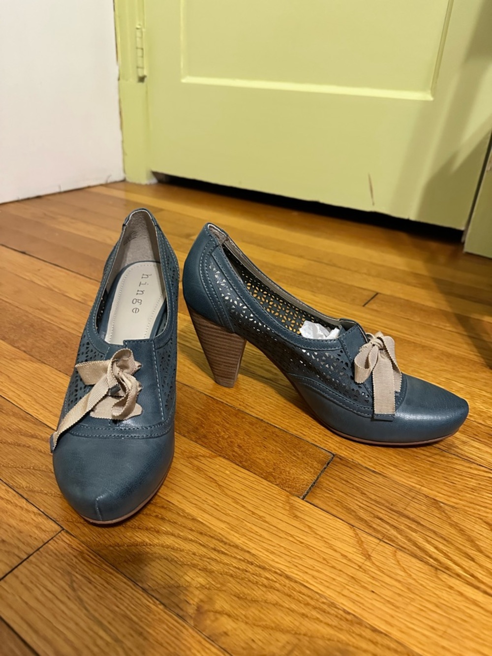 Blue Leather Maryjane Heels with Taupe ribbon